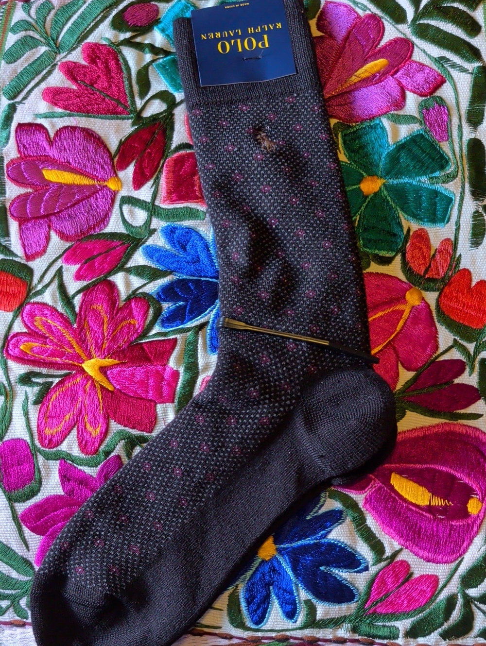 Polo by Ralph Lauren Men's Charcoal Dress Socks with Pink Microdots